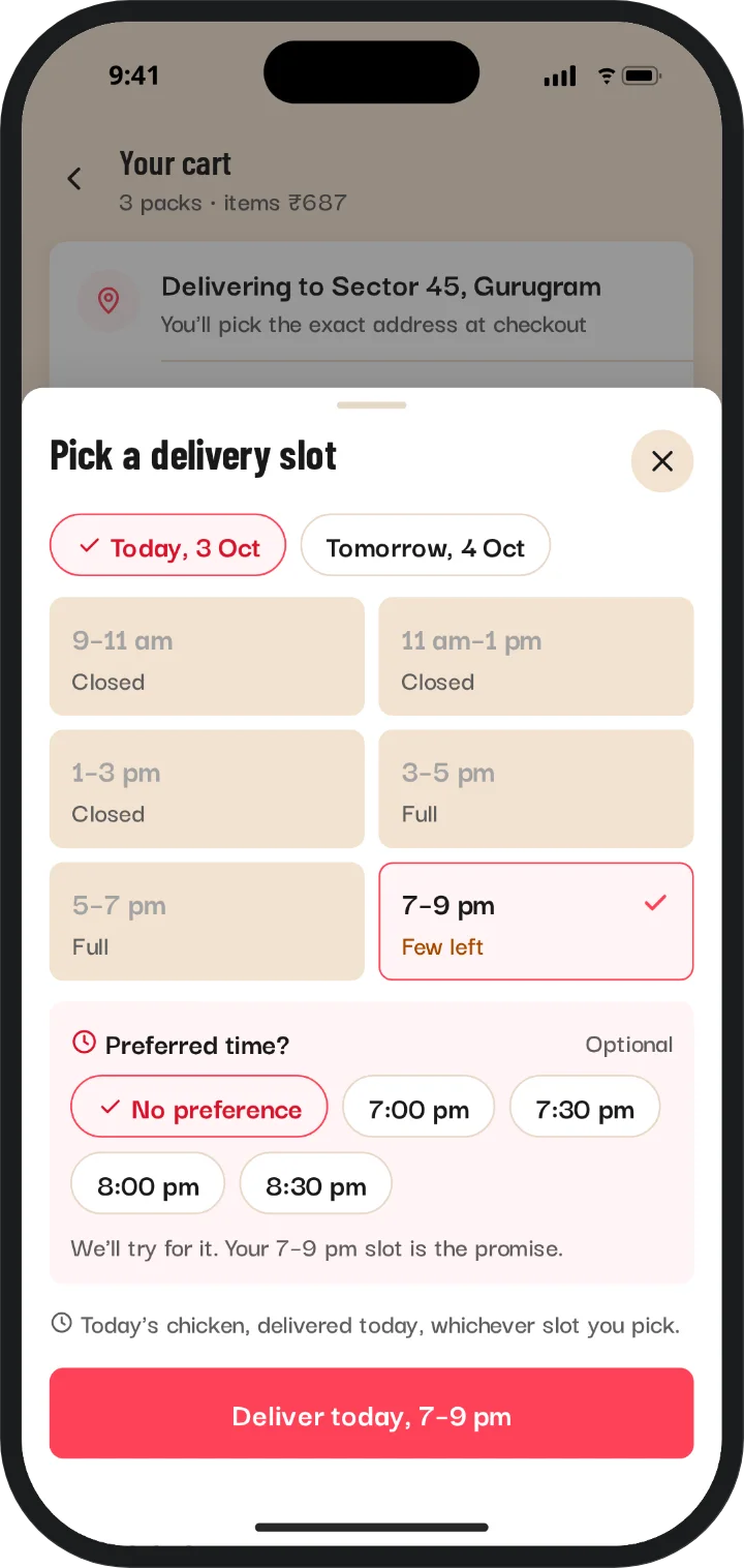 The app’s delivery slot picker, with today and tomorrow and two-hour slots.