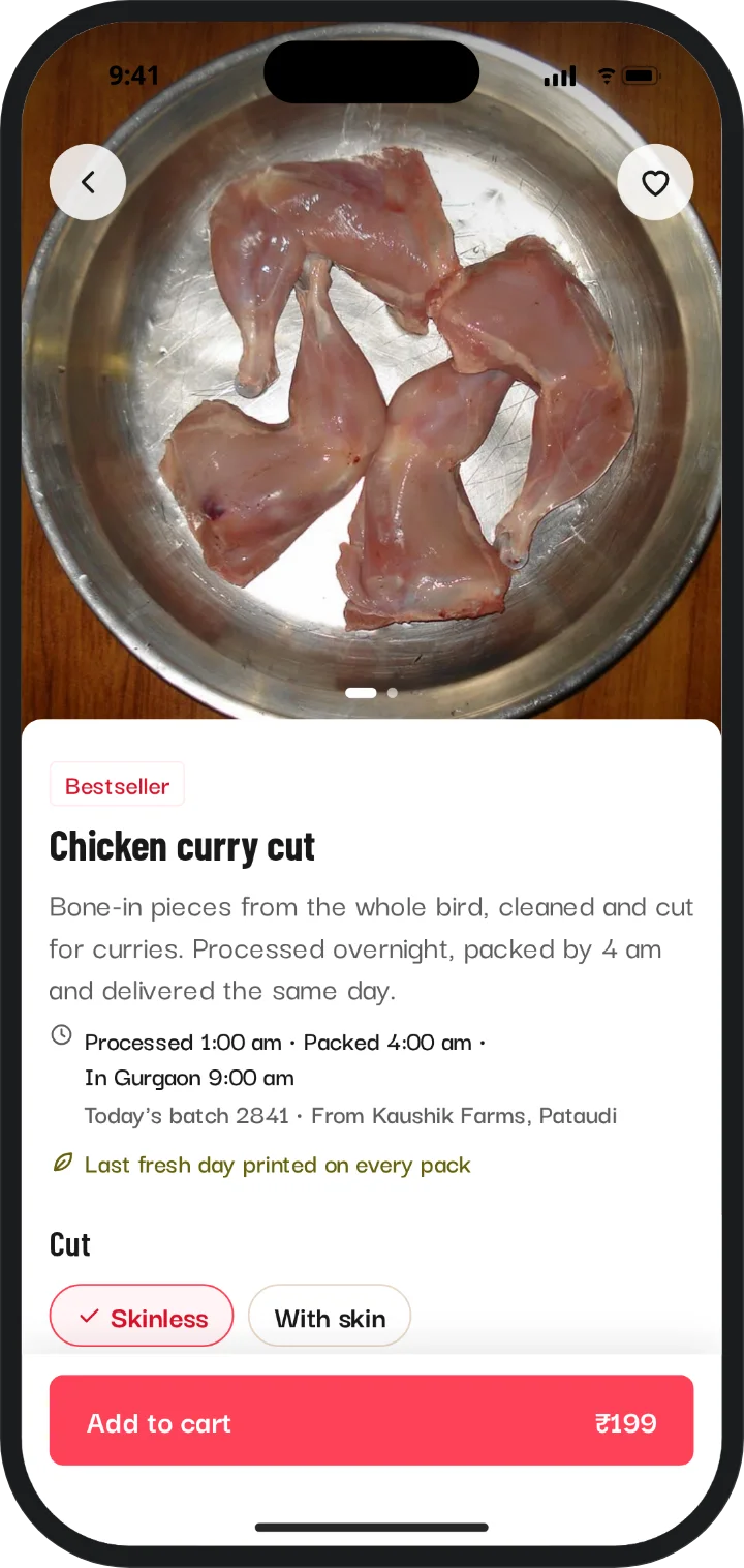 The app’s chicken curry cut page: processed 1:00 am, packed 4:00 am, in Gurgaon 9:00 am, with today’s batch number.